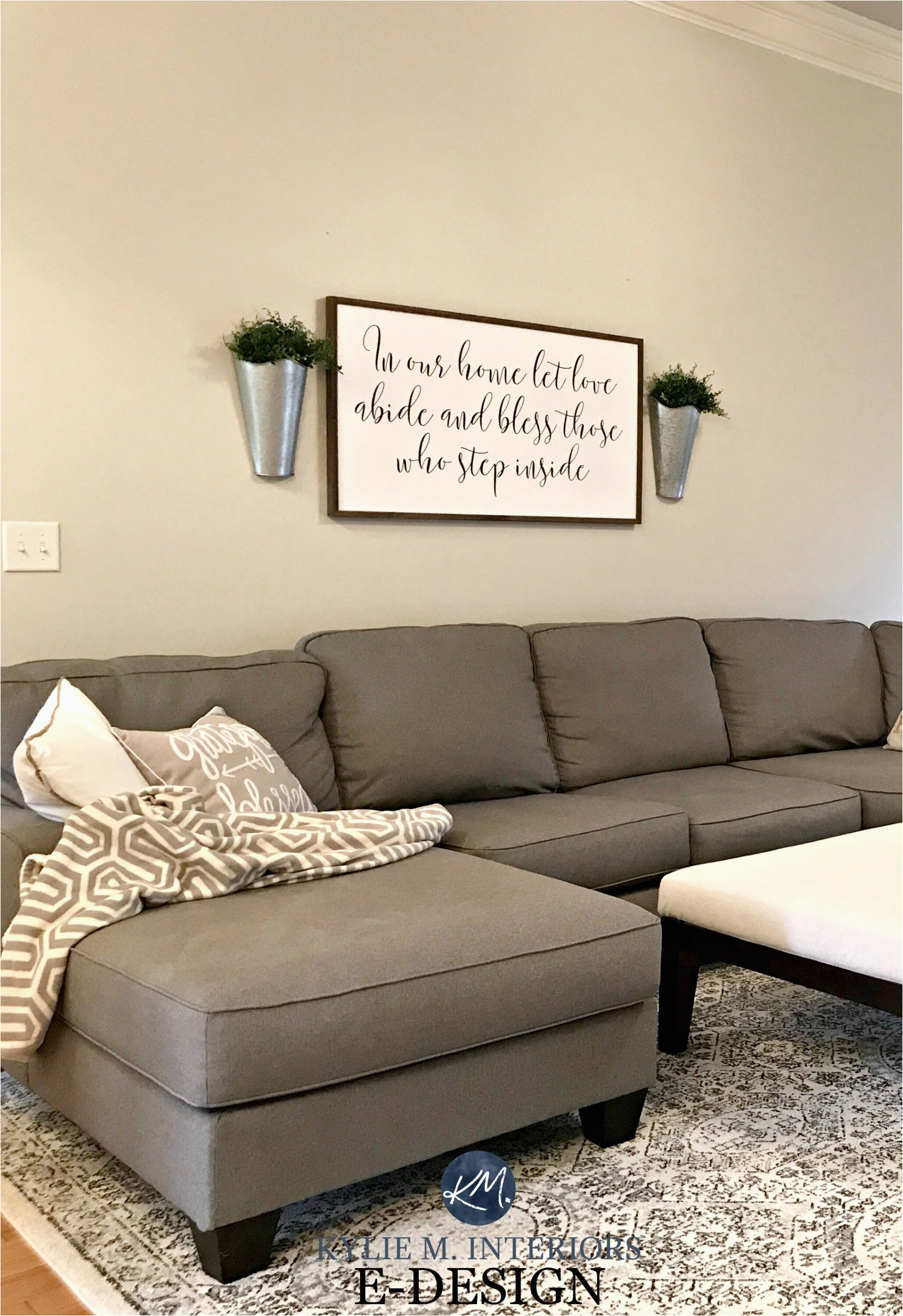 sherwin williams agreeable gray in living room gray sectional couch area rug kylie m e design and online color consulting